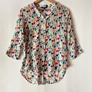 Apny White Allover Wine Glass Print Button Down Blouse Size Small Whimsical